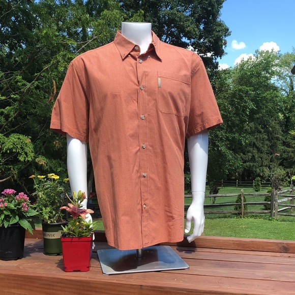 Columbia XCO Mens XL Shirt Short Sleeve Button Up Coral and White Color Checks - Picture 9 of 9